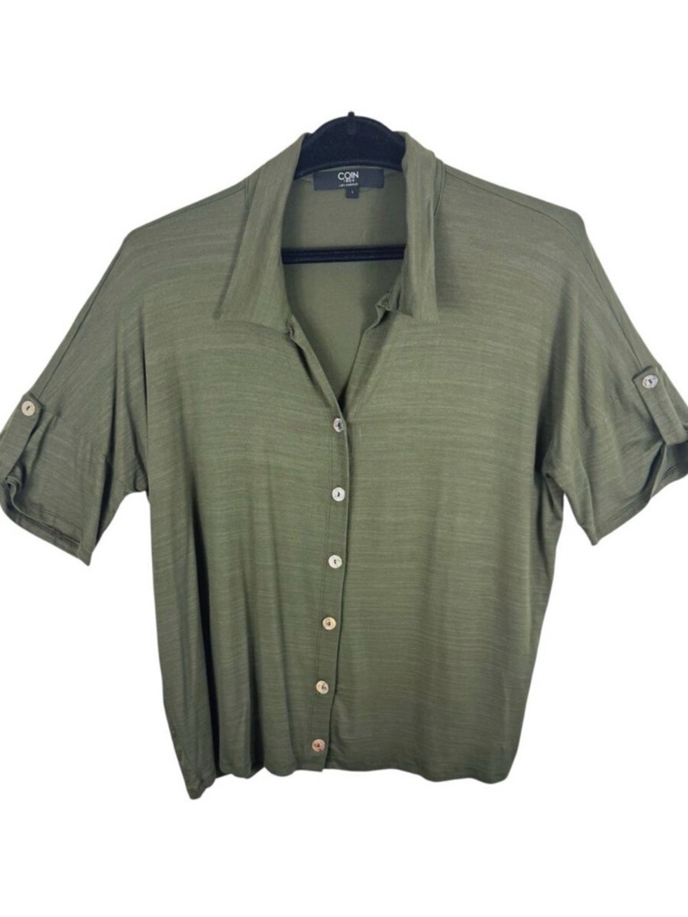 Coin 1804 Green Collared‎ Short Roll Tab Sleeve Knit Button Up Blouse Size L